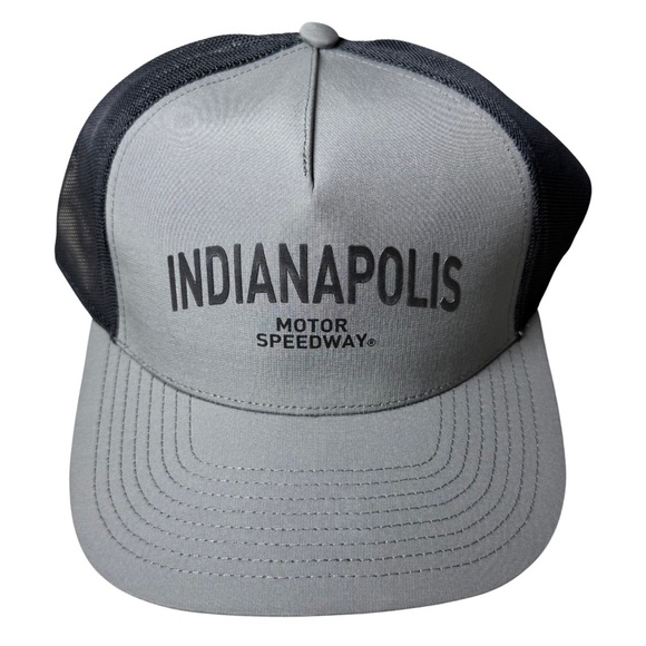 Indianapolis Motor Speedway Mens Gray and Black Rubber Mesh Trucker Baseball Hat - Picture 1 of 6